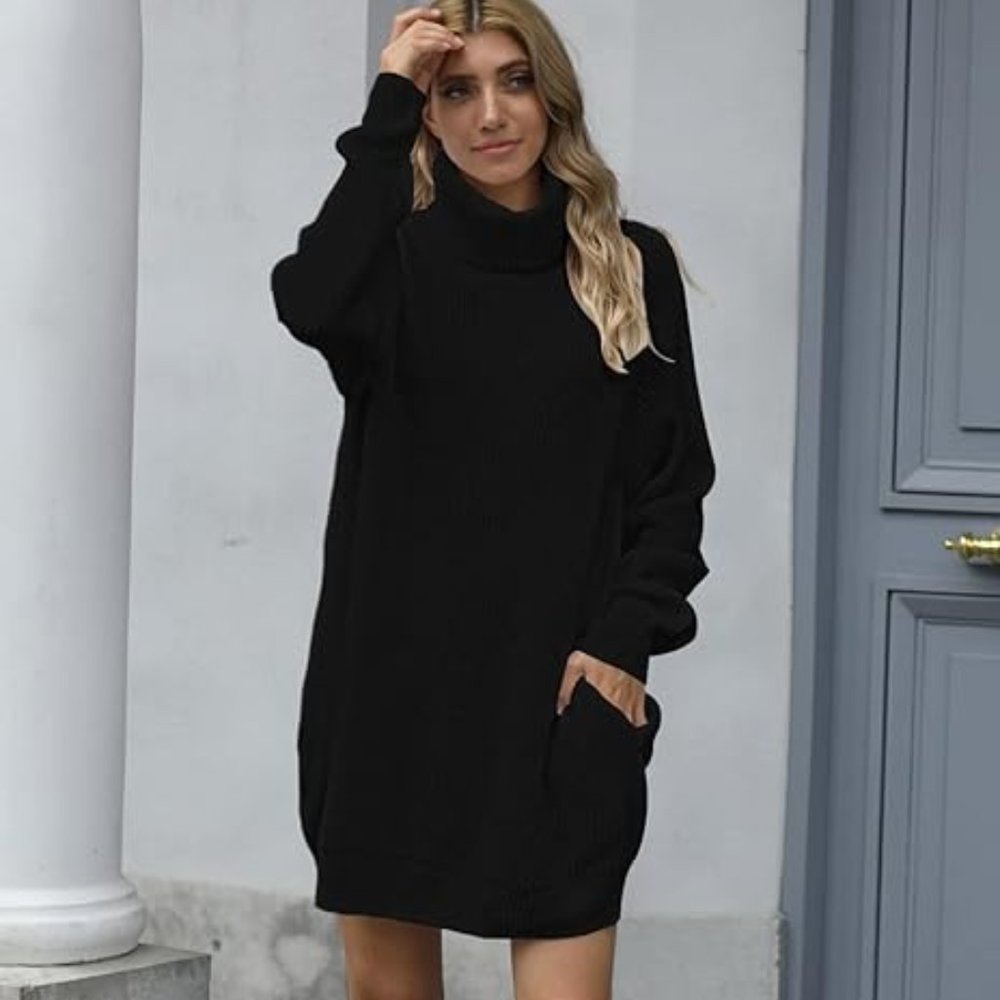 Pink Queen Women's Black Turtleneck Oversize Long Pullover Sweater Dress